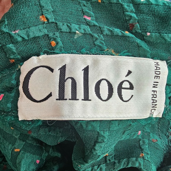 Vintage CHLOE Dress Womens 34 S Green Confetti Funky Silk Midi Dusty Pleated - Picture 3 of 16